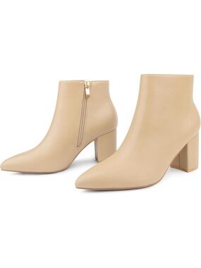 Women's Apricot Matte Pointed Toe Chunky Block Heel Dressy Fashion Ankle Boot